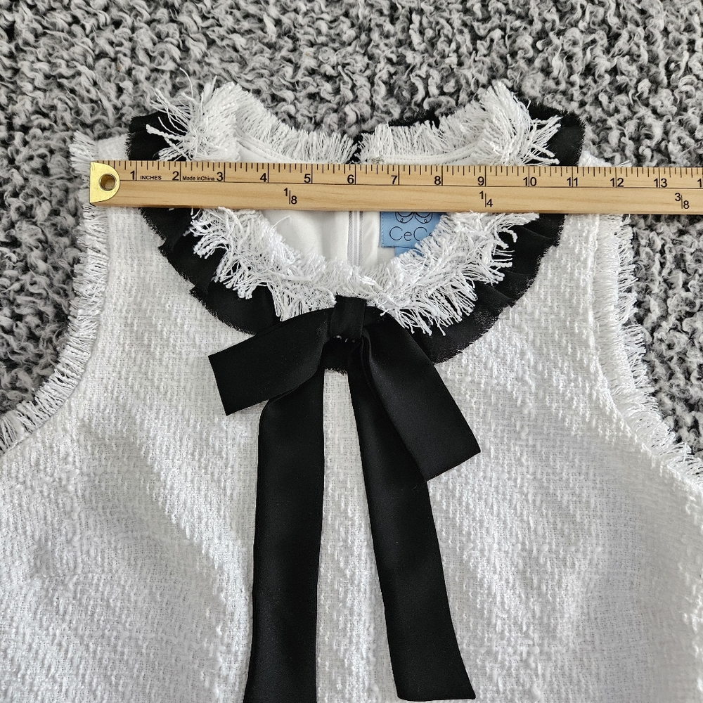 CeCe White Mini Dress Sz 6 M Tweed Sleeveless Black Bow Neck Tie Graduation - Picture 8 of 13